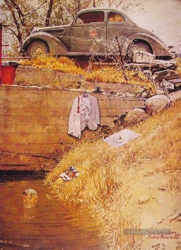 le trou de natation 1945 Norman Rockwell Peinture à l'huile